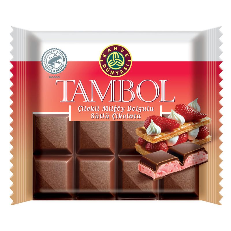Kahve Dünyası Tambol Milk Chocolate with Strawberry Puff Pastry Filling (Çilekli Milföy Dolgulu Sütlü Çikolata) 100g