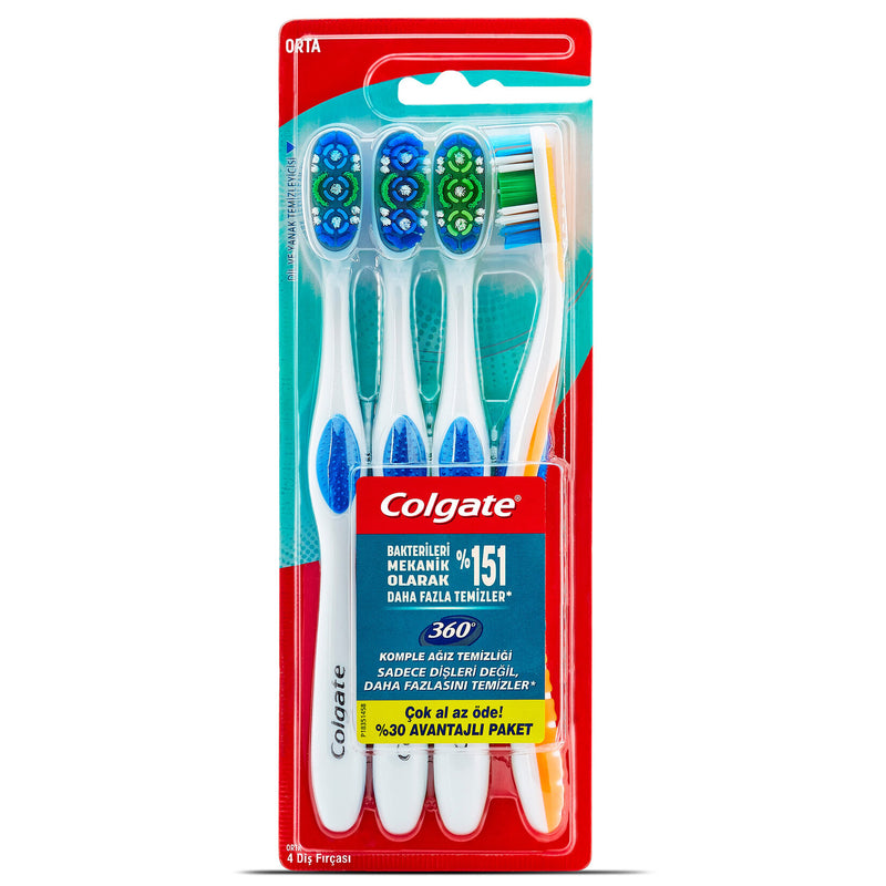 Colgate 360 Complete Oral Cleaning Medium Toothbrush Pack of 4 (Komple Ağız Temizliği Orta Diş Fırçası 4'lü)